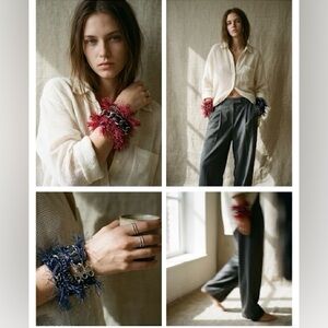 Hand Crafted Red and Navy Feathered Wrist Cuffs